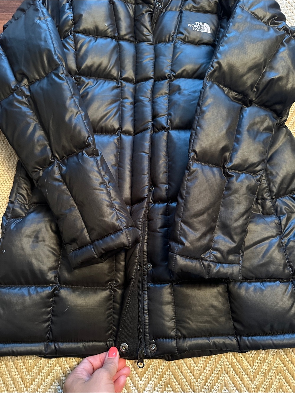 North Face women’s down coat jacket long 600 large black hooded parka - Picture 3 of 7
